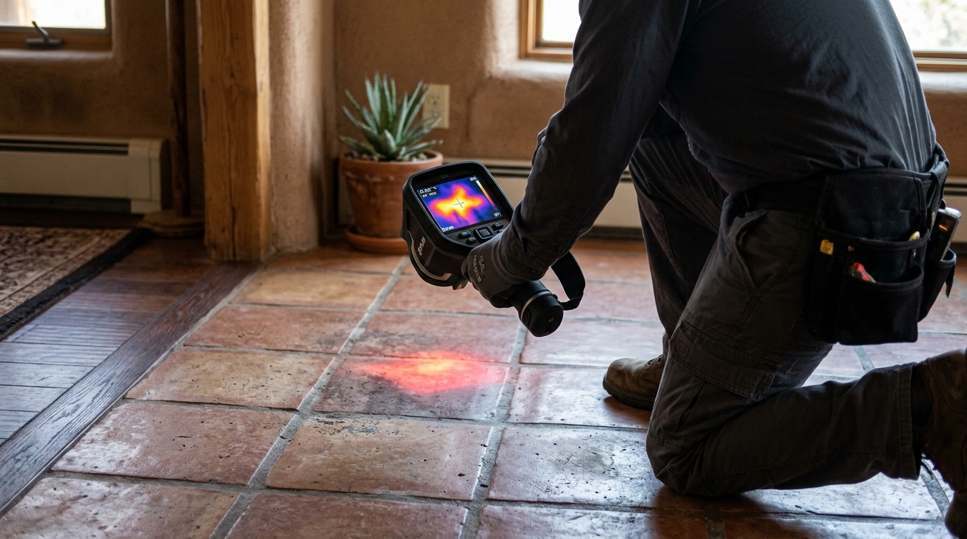 Thermal imaging inspection of hot water line leak under residential slab